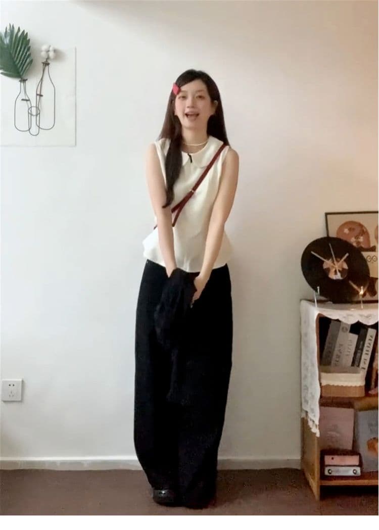 달콤한 스타일 세트 긴팔 오픈 가디건 여성 코트 베이비 칼라 조끼 가을 검정색 와이드 레그 팬츠 miu 부서 3종 세트 상세 이미지 15