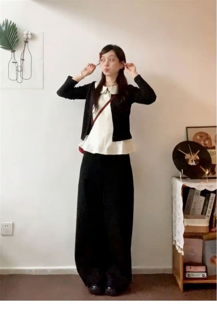 달콤한 스타일 세트 긴팔 오픈 가디건 여성 코트 베이비 칼라 조끼 가을 검정색 와이드 레그 팬츠 miu 부서 3종 세트 상세 이미지 16