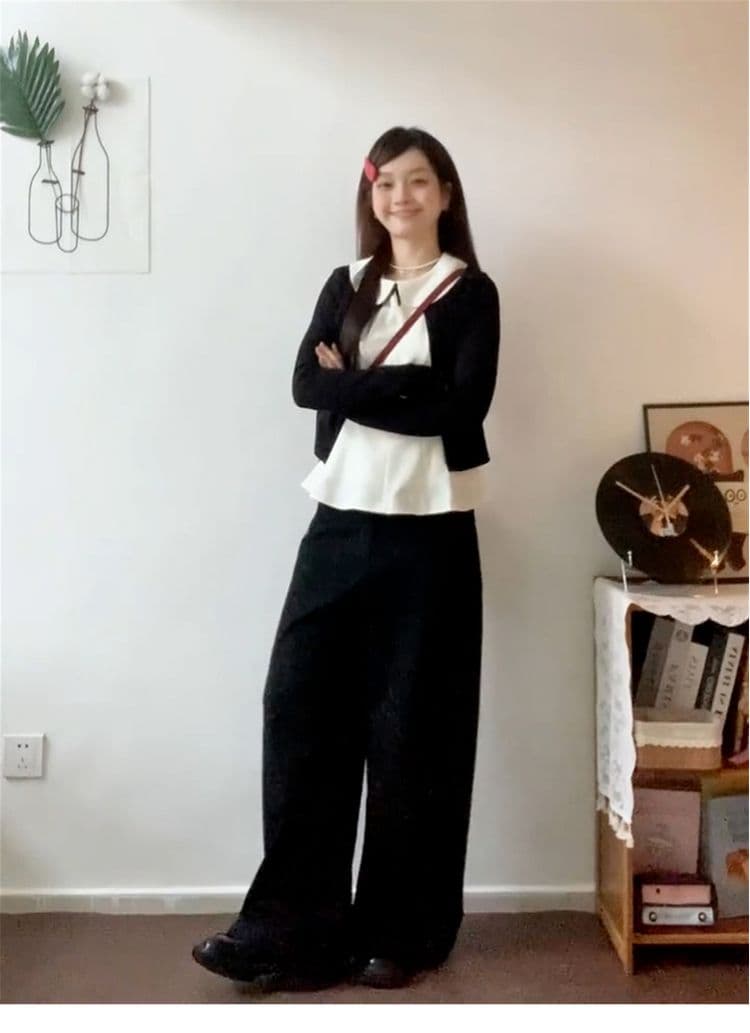 달콤한 스타일 세트 긴팔 오픈 가디건 여성 코트 베이비 칼라 조끼 가을 검정색 와이드 레그 팬츠 miu 부서 3종 세트 상세 이미지 17