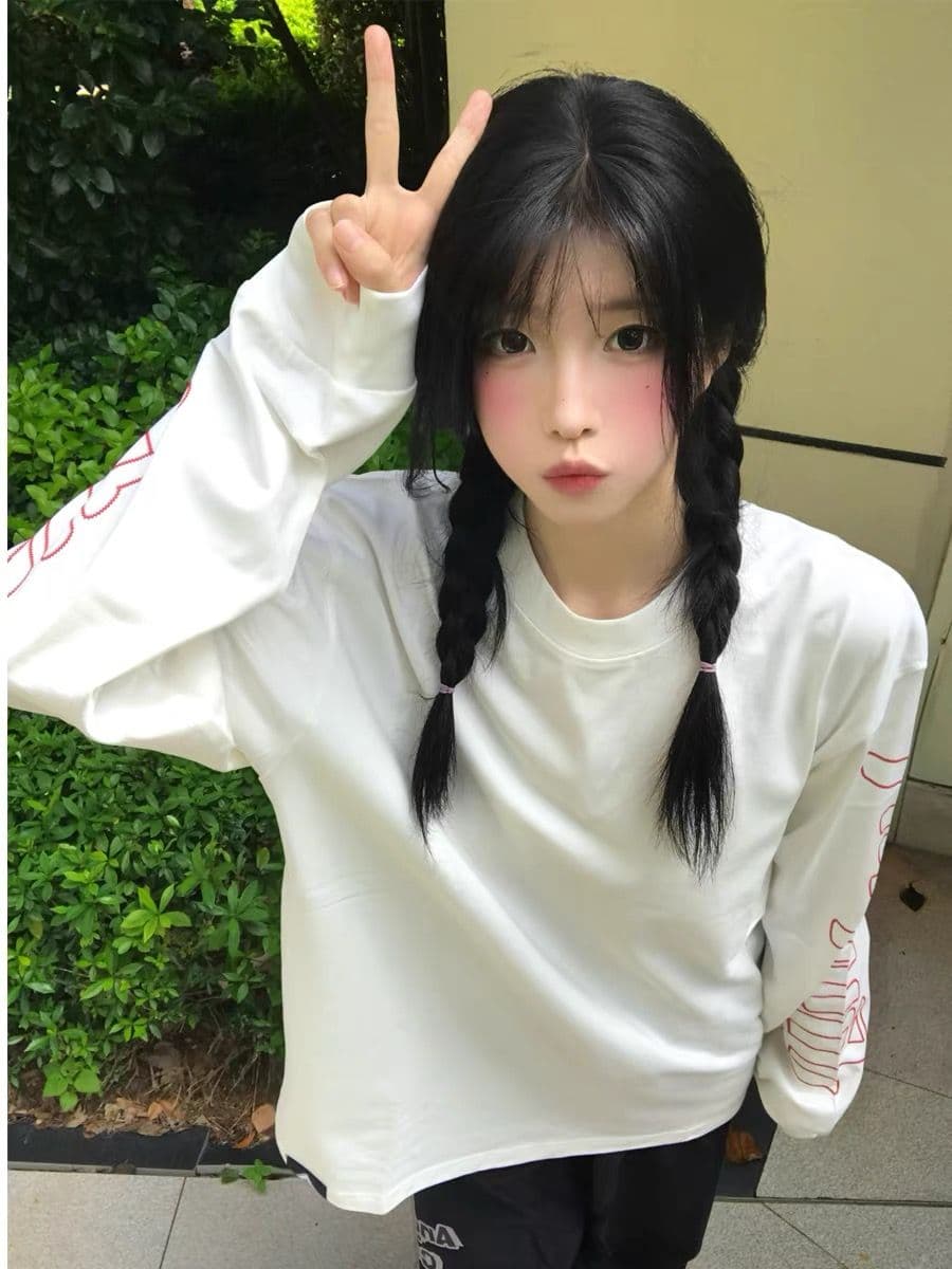 자수 네리 가게 천 순면 220 그램 긴팔 티셔츠 여성 이미지 2