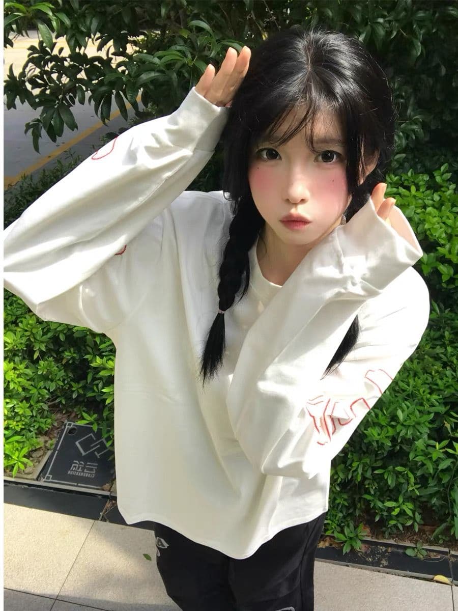 자수 네리 가게 천 순면 220 그램 긴팔 티셔츠 여성 이미지 4