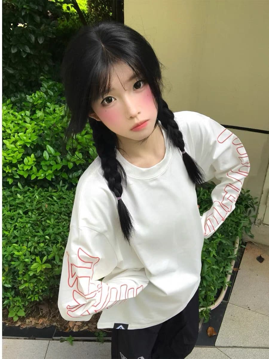 자수 네리 가게 천 순면 220 그램 긴팔 티셔츠 여성 상세 이미지 6