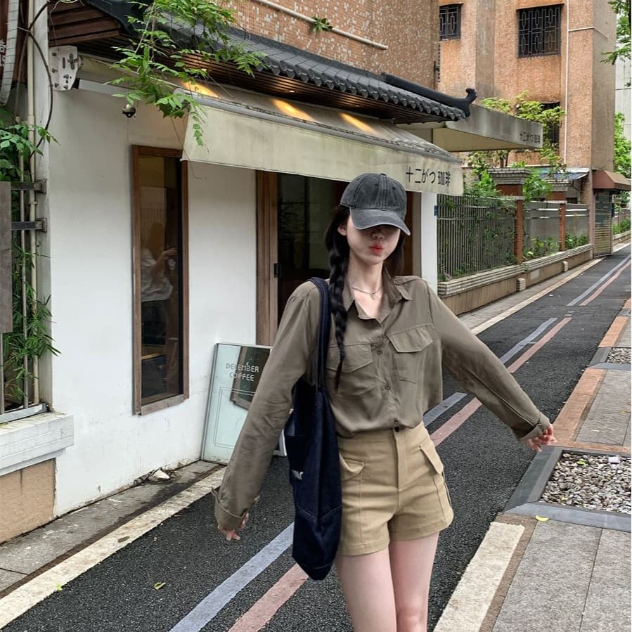레트로 느긋한 바람 긴팔 POLO 칼라 여성 셔츠 봄 가을 루즈핏 슬림해 보이는 오픈 가디건 셔츠 군용 녹색 다용도 맨위 이미지 5