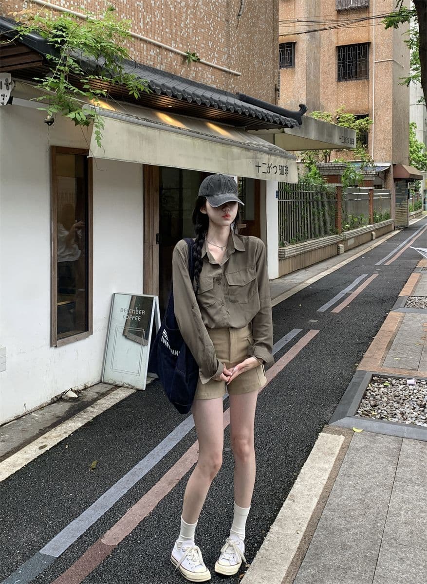레트로 느긋한 바람 긴팔 POLO 칼라 여성 셔츠 봄 가을 루즈핏 슬림해 보이는 오픈 가디건 셔츠 군용 녹색 다용도 맨위 상세 이미지 7