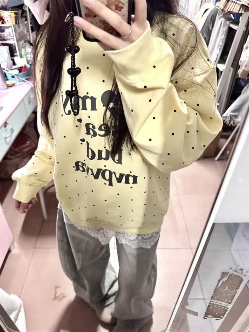 얇은 스타일 털이 있는 원본 소매 구멍 압력 라인 천 프린트 순수한 Mianhua 면 라운드 넥 후드티 여성 이미지 3