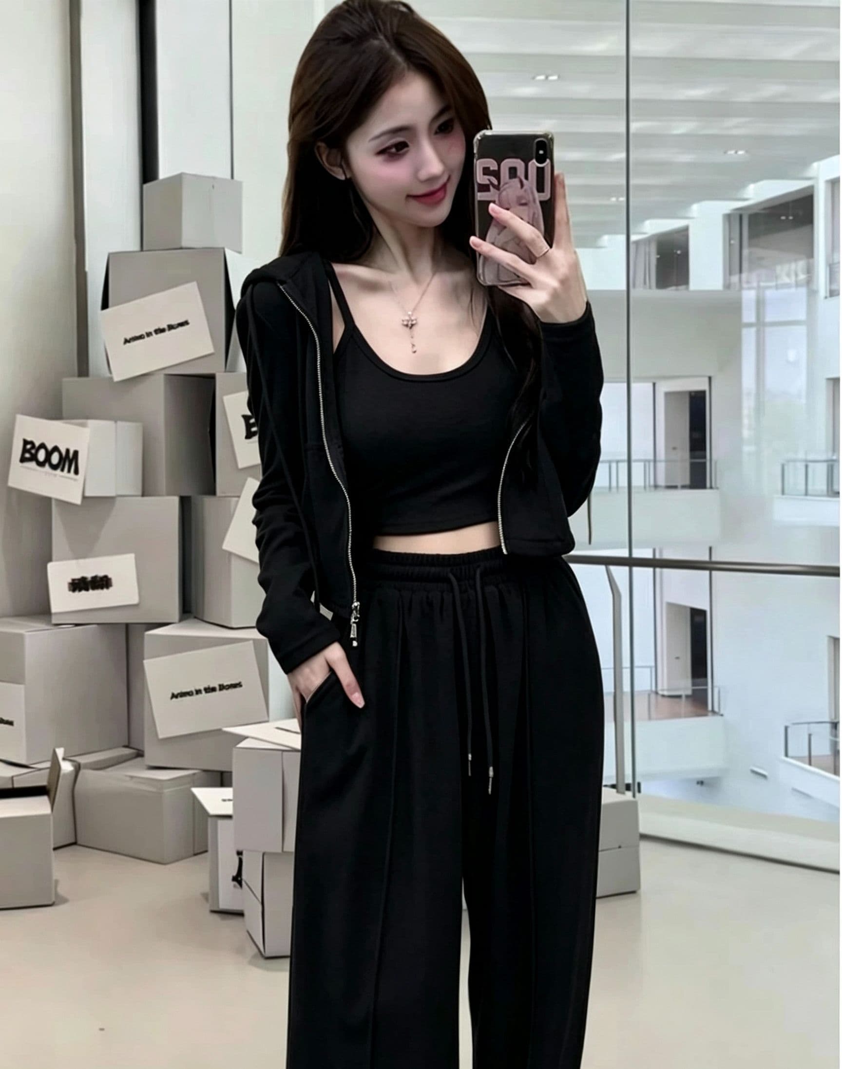 새로운 여성 의류 봄 가을 연령 감소 패션 운동 후드티 하이웨이스트 캐주얼 와이드 레그 팬츠 3종 세트 트렌디 외국 가스