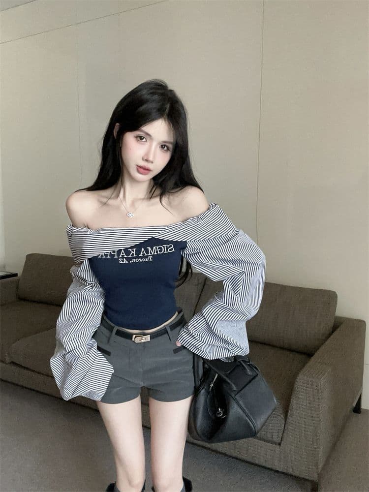 아메리칸 레트로 스트라이프 배색 보트넥 오프숄더 긴팔 셔츠 한국 스타일 세련된 외국 가스 알파벳 프린트 맨위 여성 상세 이미지 3