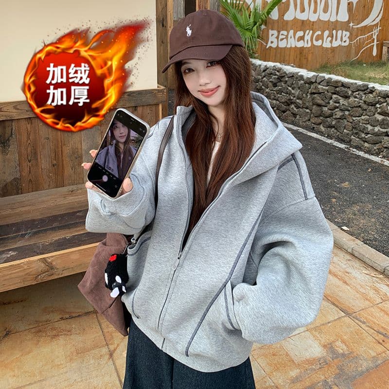 가을 겨울 새로운 느긋한 바람 디자인 센스 후드 티 스웨터 재킷 여성 의류 가을 루즈핏 슬림해 보이는 다용도 회색 맨위