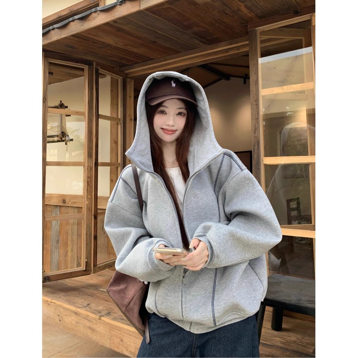 가을 겨울 새로운 느긋한 바람 디자인 센스 후드 티 스웨터 재킷 여성 의류 가을 루즈핏 슬림해 보이는 다용도 회색 맨위 이미지 3