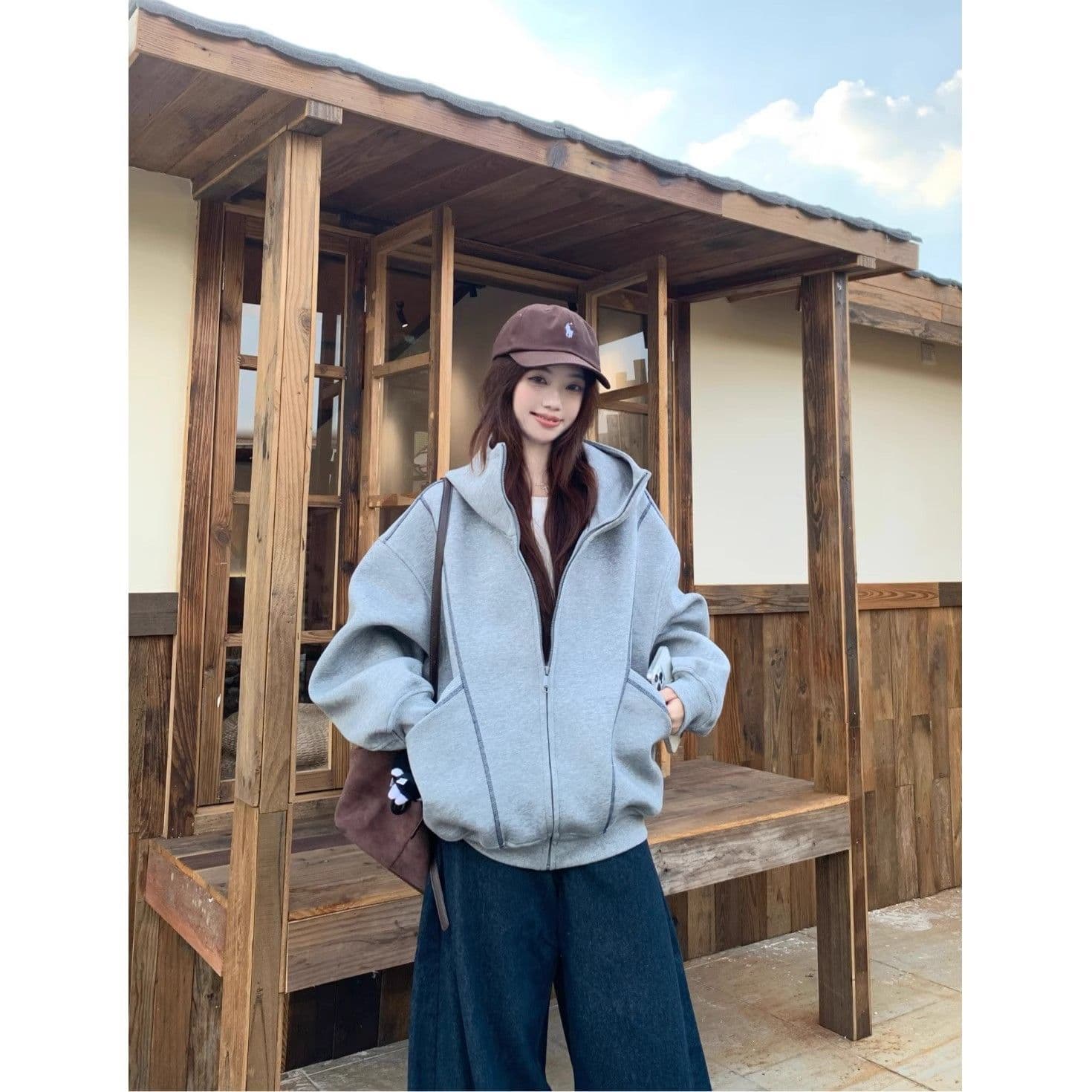 가을 겨울 새로운 느긋한 바람 디자인 센스 후드 티 스웨터 재킷 여성 의류 가을 루즈핏 슬림해 보이는 다용도 회색 맨위 이미지 4