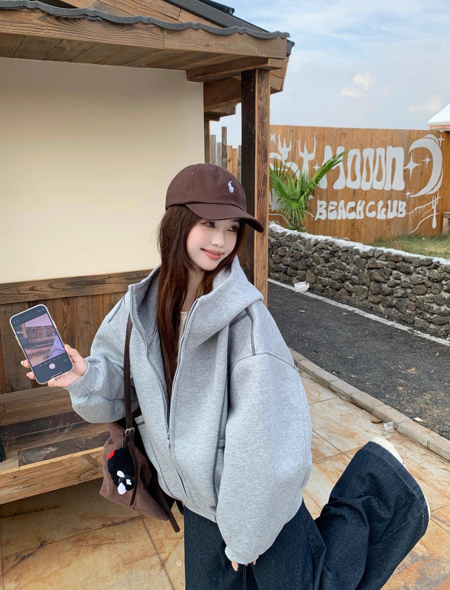 가을 겨울 새로운 느긋한 바람 디자인 센스 후드 티 스웨터 재킷 여성 의류 가을 루즈핏 슬림해 보이는 다용도 회색 맨위 상세 이미지 6