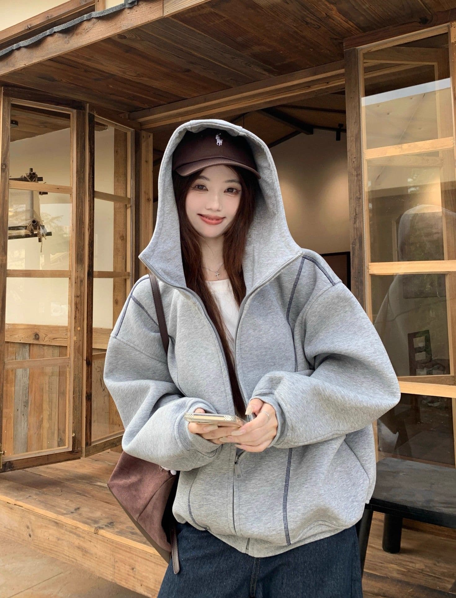 가을 겨울 새로운 느긋한 바람 디자인 센스 후드 티 스웨터 재킷 여성 의류 가을 루즈핏 슬림해 보이는 다용도 회색 맨위 상세 이미지 8