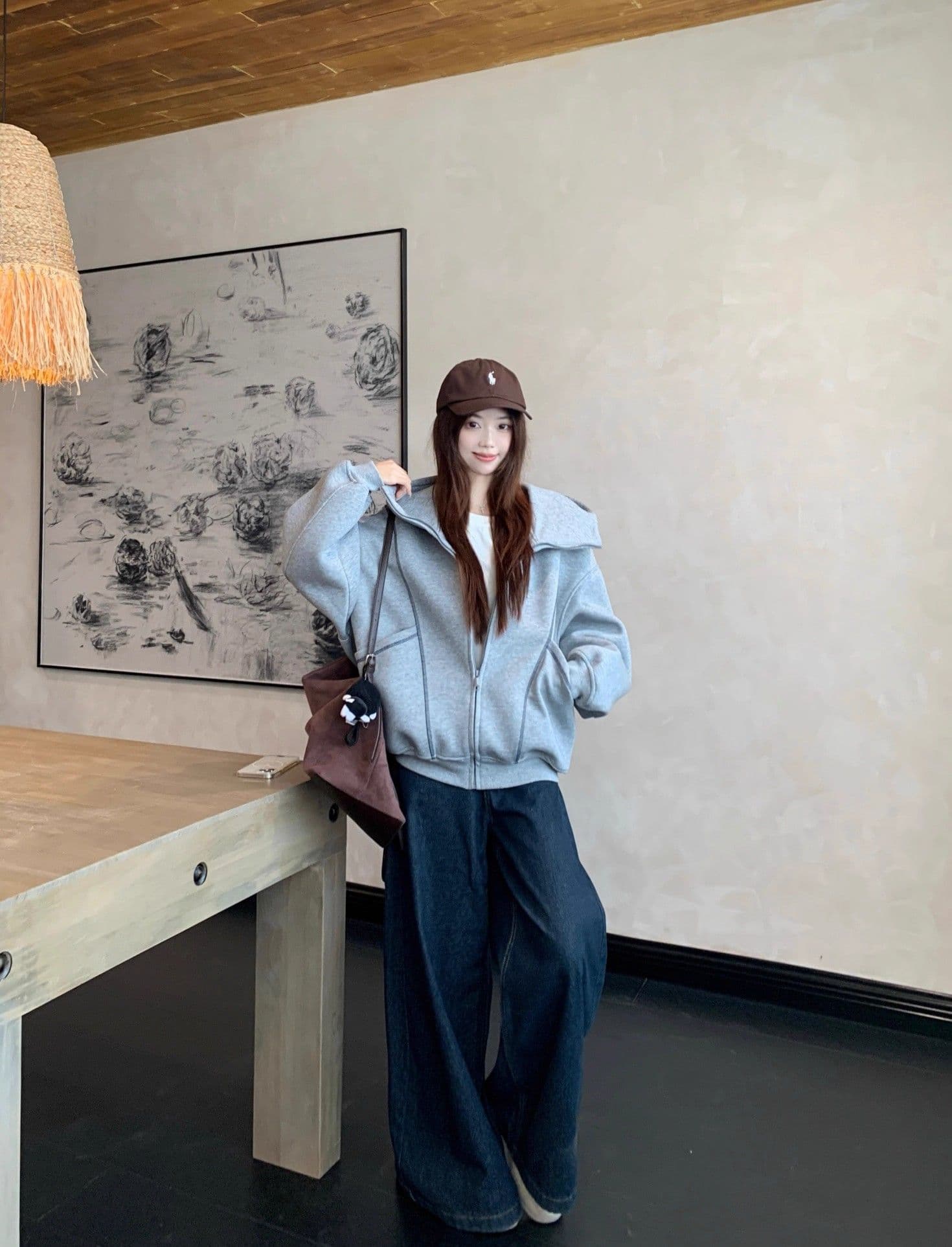 가을 겨울 새로운 느긋한 바람 디자인 센스 후드 티 스웨터 재킷 여성 의류 가을 루즈핏 슬림해 보이는 다용도 회색 맨위 상세 이미지 9