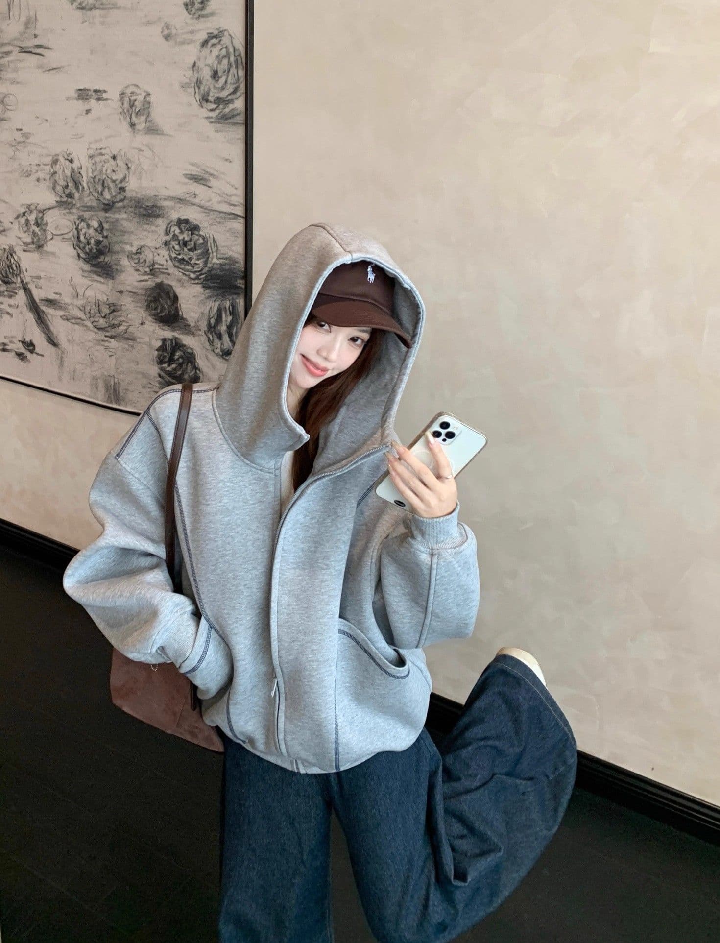 가을 겨울 새로운 느긋한 바람 디자인 센스 후드 티 스웨터 재킷 여성 의류 가을 루즈핏 슬림해 보이는 다용도 회색 맨위 상세 이미지 10