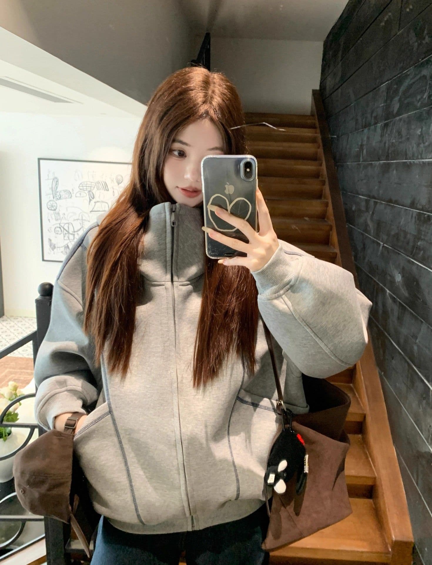 가을 겨울 새로운 느긋한 바람 디자인 센스 후드 티 스웨터 재킷 여성 의류 가을 루즈핏 슬림해 보이는 다용도 회색 맨위 상세 이미지 11