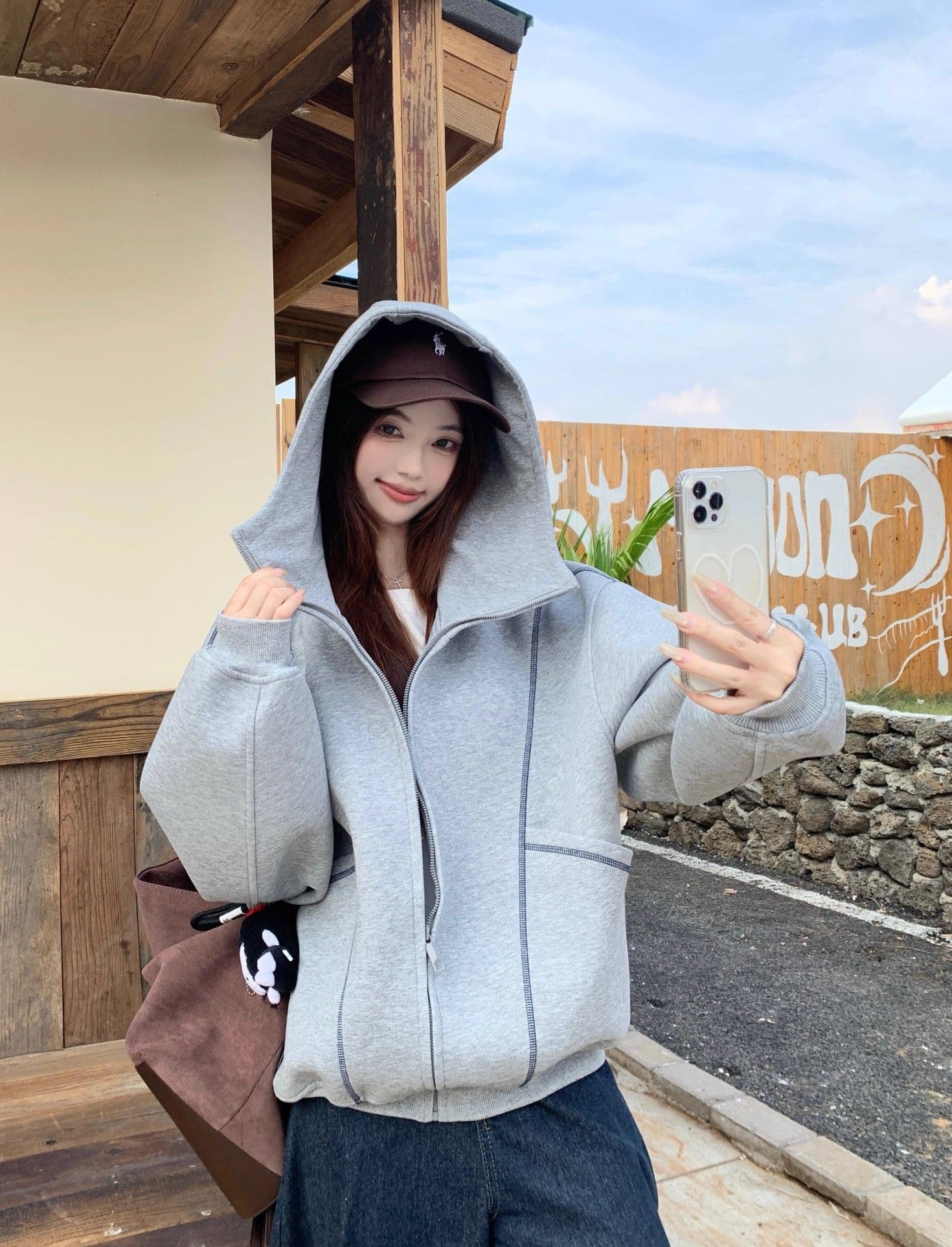 가을 겨울 새로운 느긋한 바람 디자인 센스 후드 티 스웨터 재킷 여성 의류 가을 루즈핏 슬림해 보이는 다용도 회색 맨위 상세 이미지 12