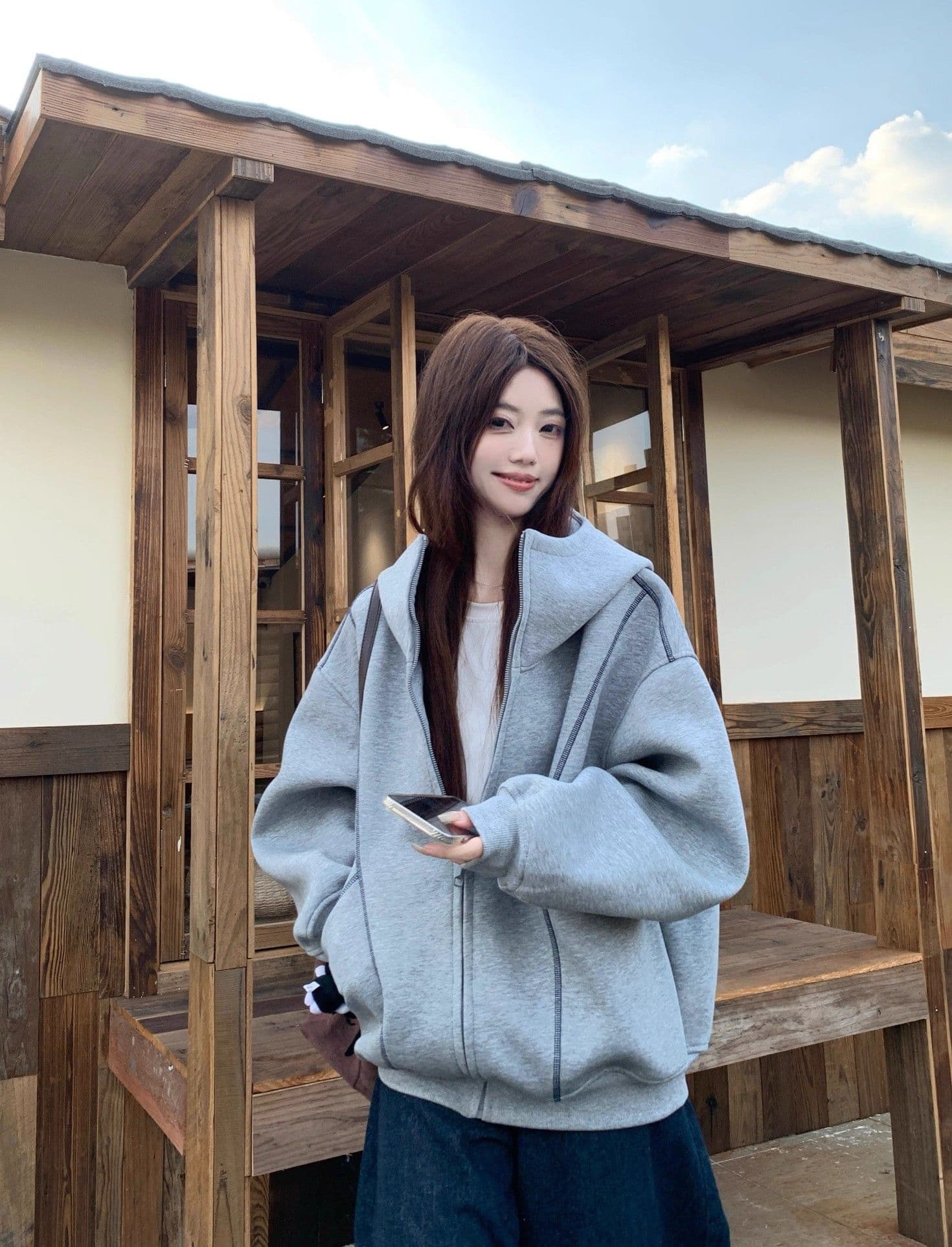 가을 겨울 새로운 느긋한 바람 디자인 센스 후드 티 스웨터 재킷 여성 의류 가을 루즈핏 슬림해 보이는 다용도 회색 맨위 상세 이미지 13