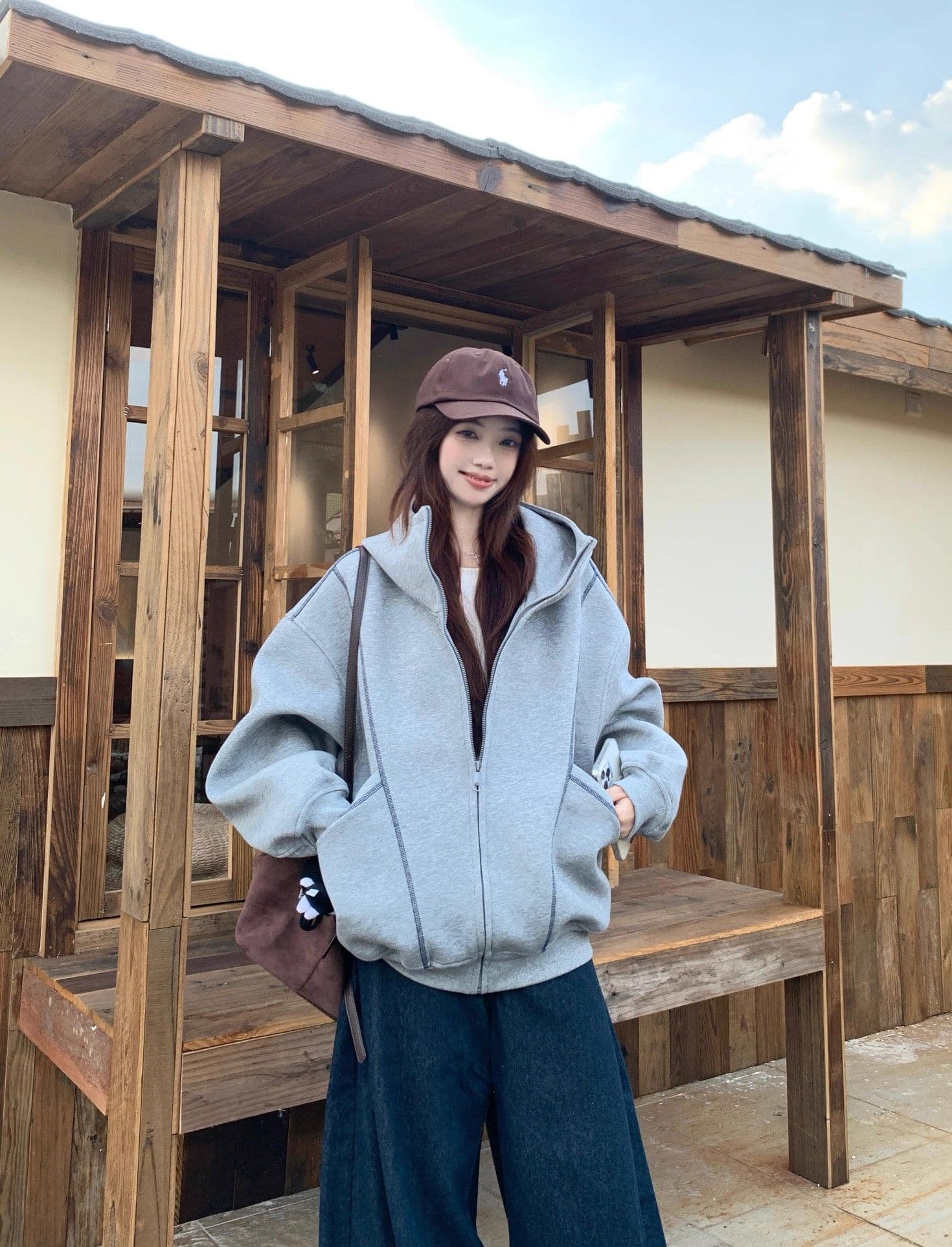 가을 겨울 새로운 느긋한 바람 디자인 센스 후드 티 스웨터 재킷 여성 의류 가을 루즈핏 슬림해 보이는 다용도 회색 맨위 상세 이미지 14