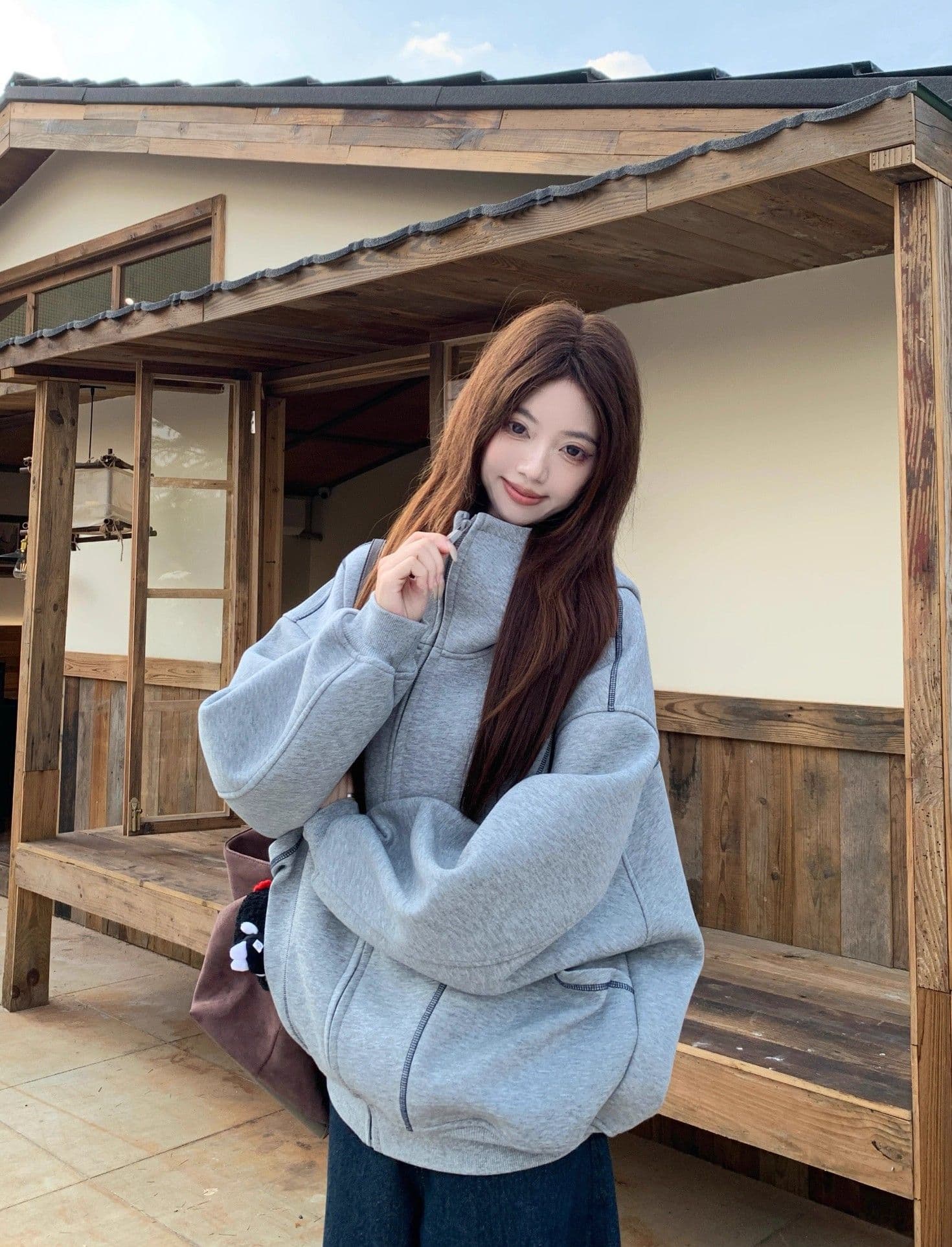 가을 겨울 새로운 느긋한 바람 디자인 센스 후드 티 스웨터 재킷 여성 의류 가을 루즈핏 슬림해 보이는 다용도 회색 맨위 상세 이미지 16