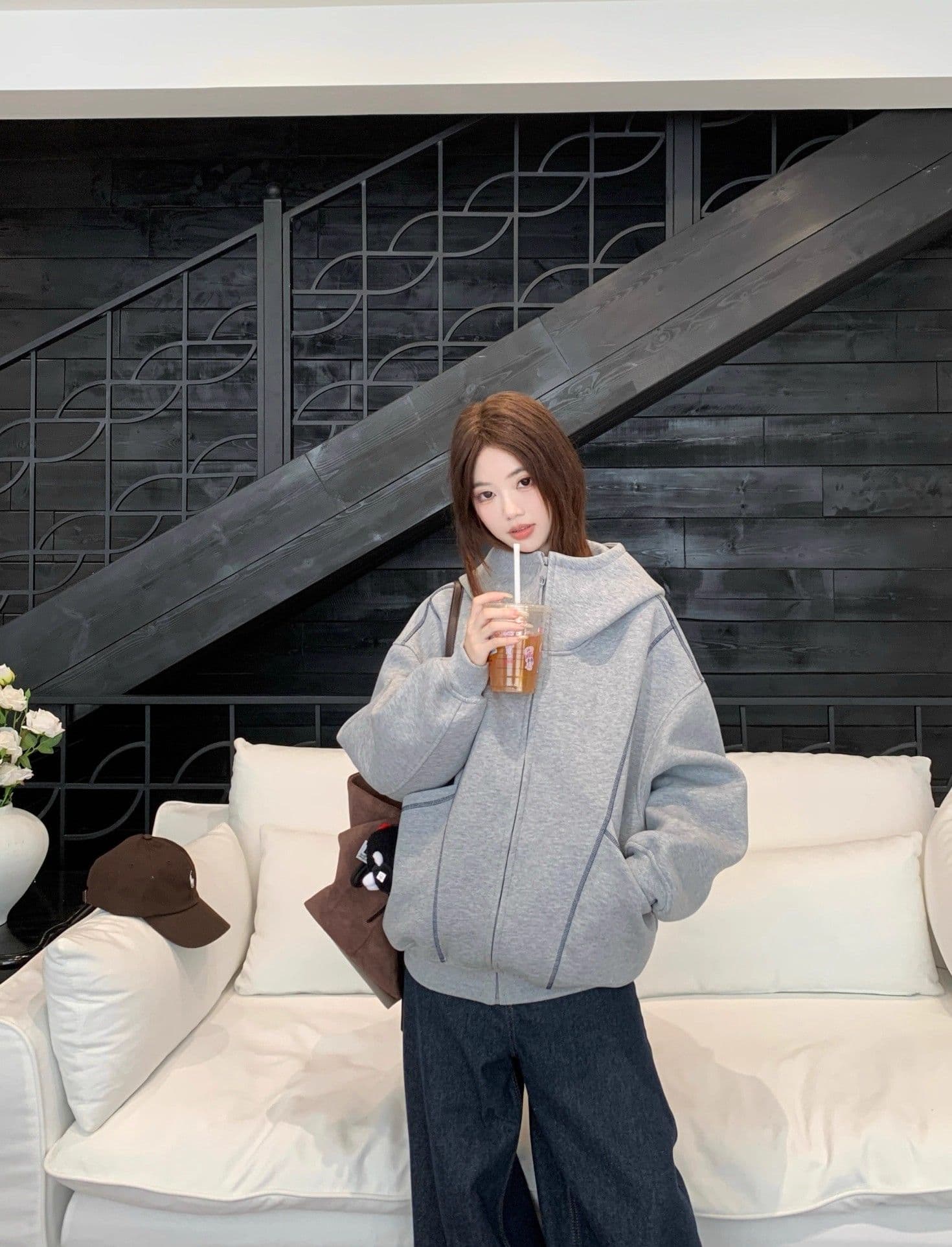 가을 겨울 새로운 느긋한 바람 디자인 센스 후드 티 스웨터 재킷 여성 의류 가을 루즈핏 슬림해 보이는 다용도 회색 맨위 상세 이미지 17