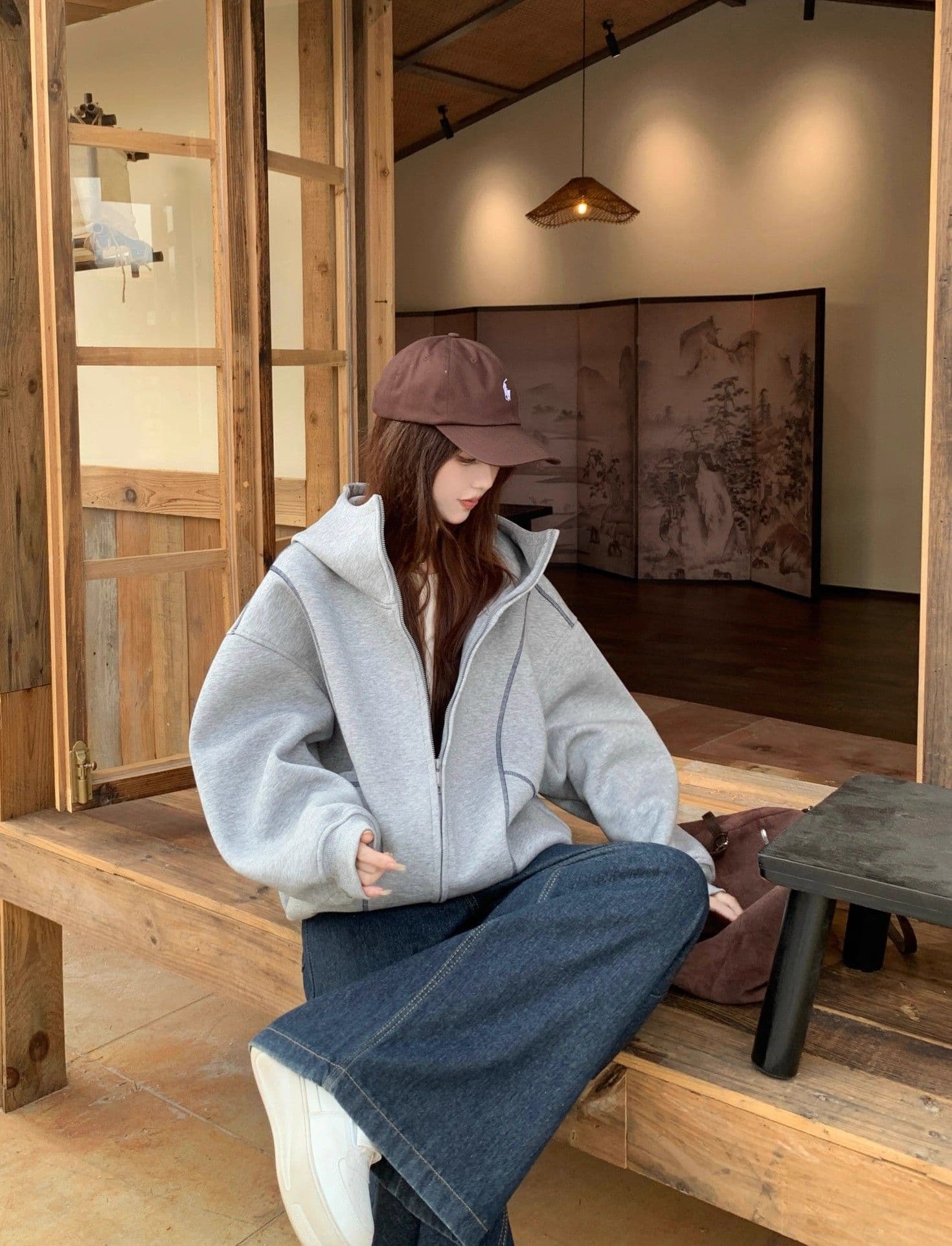 가을 겨울 새로운 느긋한 바람 디자인 센스 후드 티 스웨터 재킷 여성 의류 가을 루즈핏 슬림해 보이는 다용도 회색 맨위 상세 이미지 19