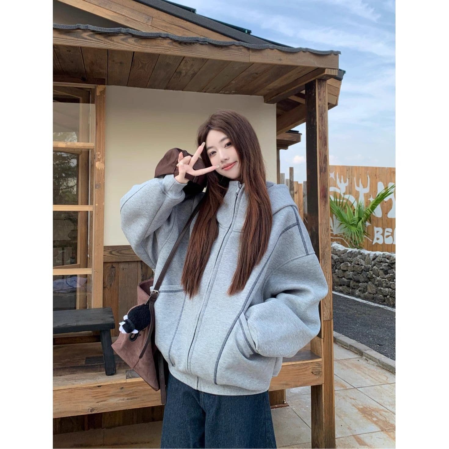가을 겨울 새로운 느긋한 바람 디자인 센스 후드 티 스웨터 재킷 여성 의류 가을 루즈핏 슬림해 보이는 다용도 회색 맨위 상세 이미지 20