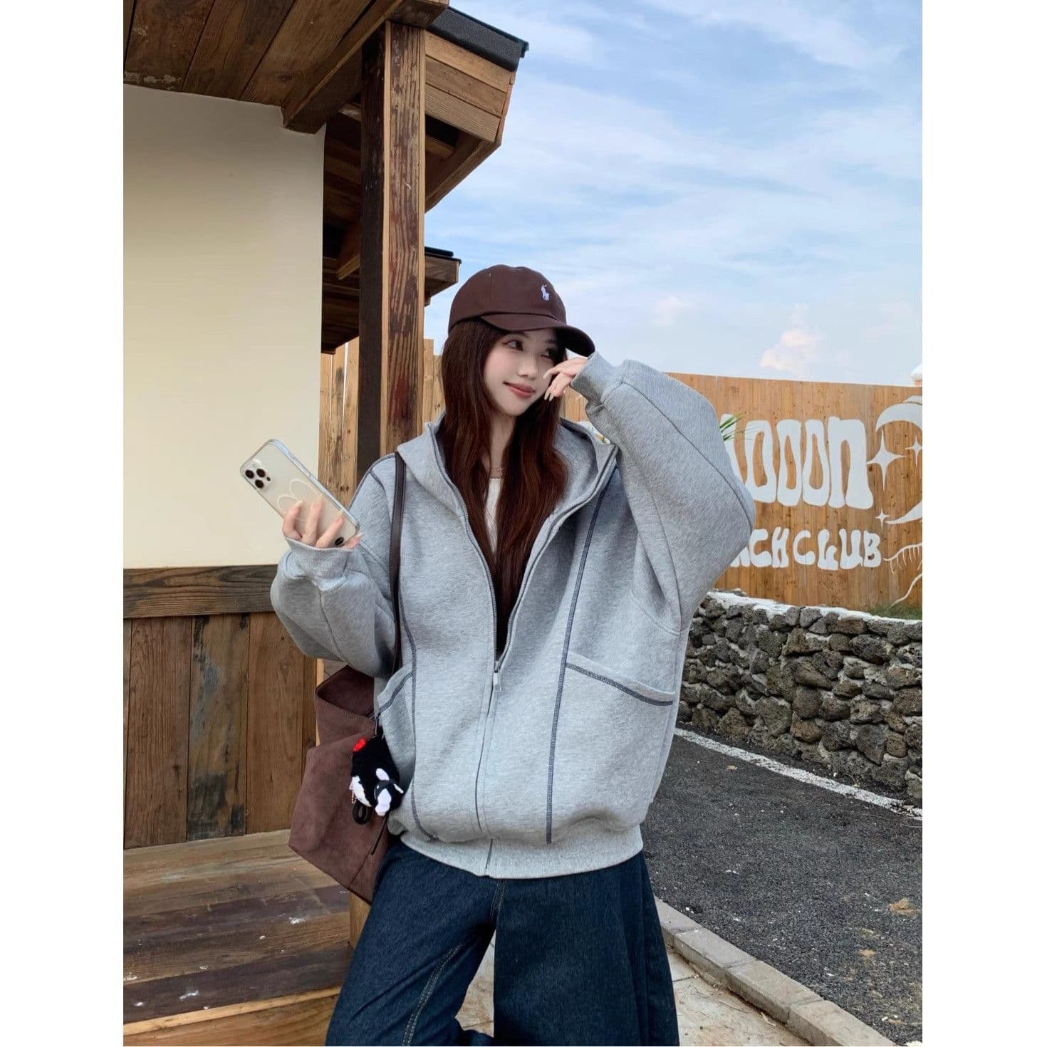 가을 겨울 새로운 느긋한 바람 디자인 센스 후드 티 스웨터 재킷 여성 의류 가을 루즈핏 슬림해 보이는 다용도 회색 맨위 상세 이미지 21