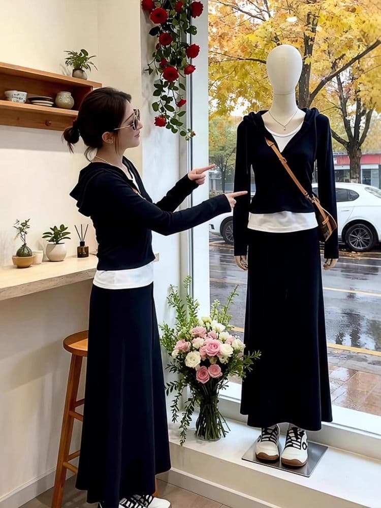 2026 새로운 외국 가스 여성 의류 페이크 레이어드 후드 긴팔 티셔츠 여성 봄 한 부서 chic 맨위 패션 외국 가스 상세 이미지 8