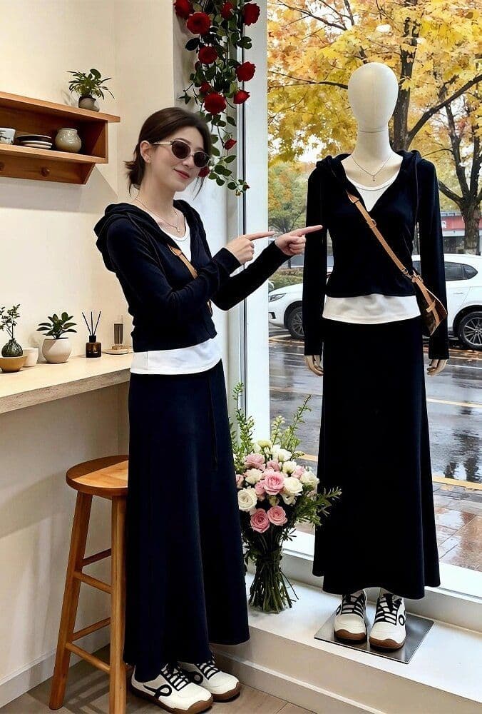 2026 새로운 외국 가스 여성 의류 페이크 레이어드 후드 긴팔 티셔츠 여성 봄 한 부서 chic 맨위 패션 외국 가스 상세 이미지 16