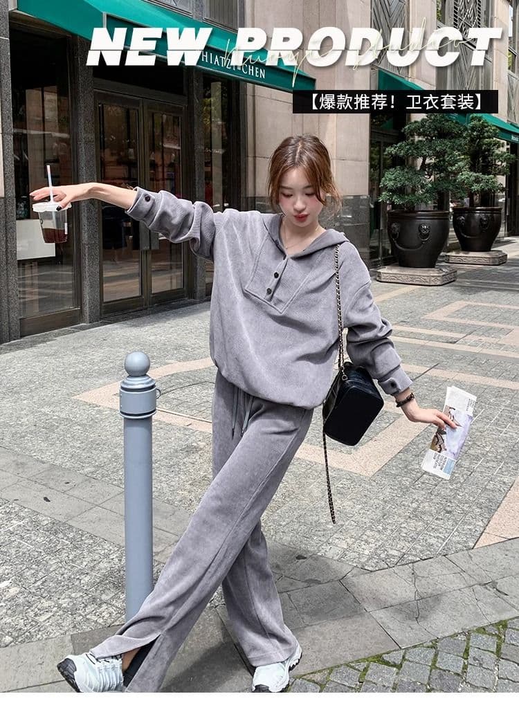 회색 캐주얼 스포츠 슈트 여성 가을 2026 새로운 한국 스타일 레트로 후드 풀오버 스웨트셔츠 와이드 레그 팬츠 투피스 세트 상세 이미지 2