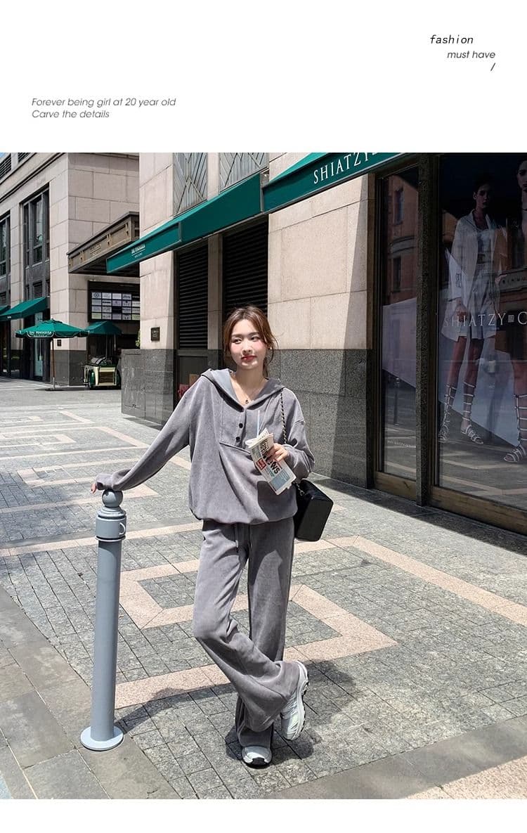 회색 캐주얼 스포츠 슈트 여성 가을 2026 새로운 한국 스타일 레트로 후드 풀오버 스웨트셔츠 와이드 레그 팬츠 투피스 세트 상세 이미지 10