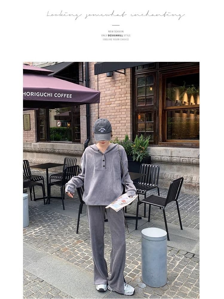 회색 캐주얼 스포츠 슈트 여성 가을 2026 새로운 한국 스타일 레트로 후드 풀오버 스웨트셔츠 와이드 레그 팬츠 투피스 세트 상세 이미지 11