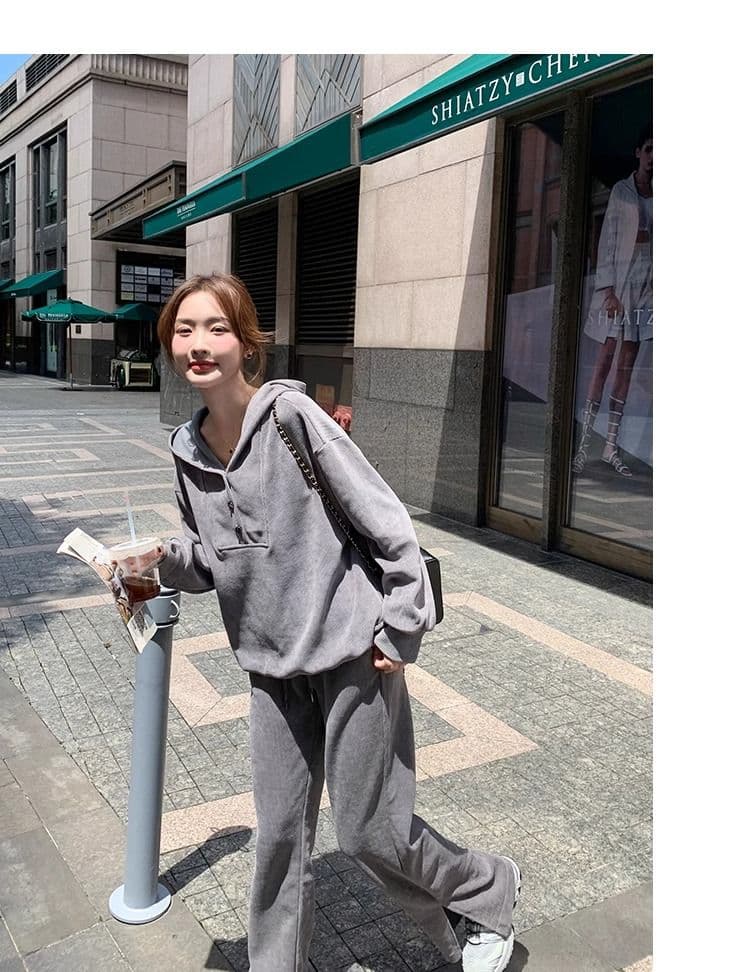 회색 캐주얼 스포츠 슈트 여성 가을 2026 새로운 한국 스타일 레트로 후드 풀오버 스웨트셔츠 와이드 레그 팬츠 투피스 세트 상세 이미지 14