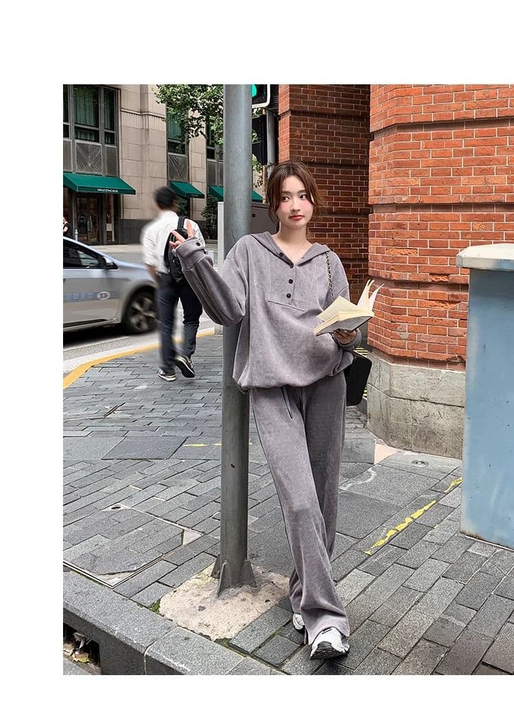 회색 캐주얼 스포츠 슈트 여성 가을 2026 새로운 한국 스타일 레트로 후드 풀오버 스웨트셔츠 와이드 레그 팬츠 투피스 세트 상세 이미지 17