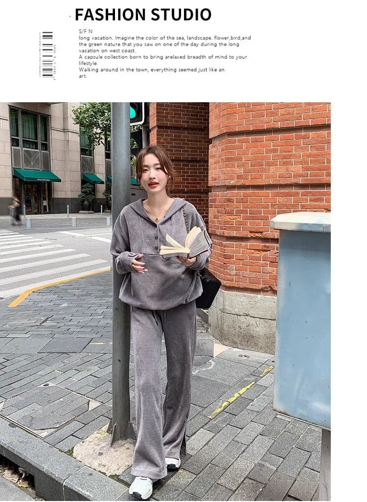 회색 캐주얼 스포츠 슈트 여성 가을 2026 새로운 한국 스타일 레트로 후드 풀오버 스웨트셔츠 와이드 레그 팬츠 투피스 세트 상세 이미지 19