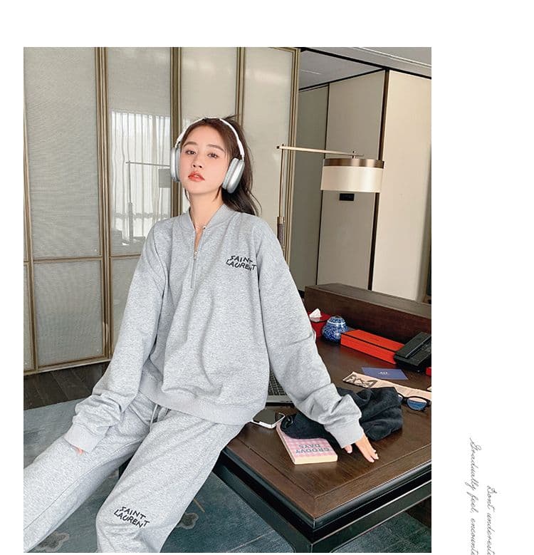 회색 캐주얼 운동 후드티 세트 여성 2026 봄 가을 새로운 느긋한 바람 외국 가스 넓은 다리 얇은 스타일 투피스 세트 상세 이미지 11
