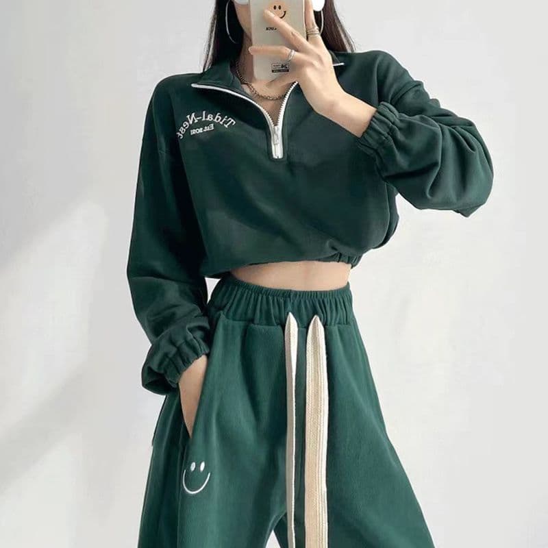 얇은 스타일 후드티 웨이 바지 세트 여성 가을 겨울 새로운 작은 키 디스플레이 높음 POLO 셔츠 지퍼 칼라 투피스 세트 고급 센스 이미지 3