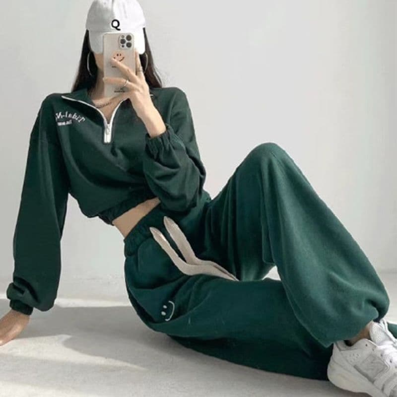 얇은 스타일 후드티 웨이 바지 세트 여성 가을 겨울 새로운 작은 키 디스플레이 높음 POLO 셔츠 지퍼 칼라 투피스 세트 고급 센스 이미지 2