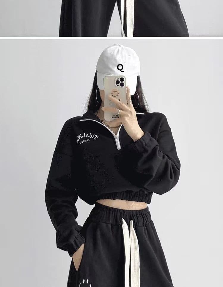 얇은 스타일 후드티 웨이 바지 세트 여성 가을 겨울 새로운 작은 키 디스플레이 높음 POLO 셔츠 지퍼 칼라 투피스 세트 고급 센스 상세 이미지 8