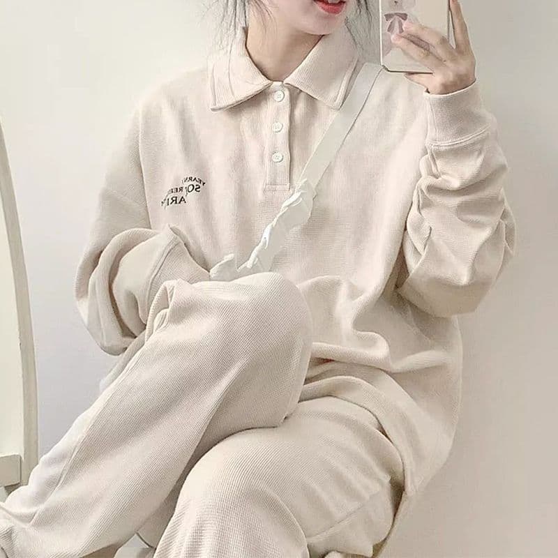소년 센스 운동복 세트 여성 봄 가을 소금 부서 튀김 거리 후아 남편 그리드 POLO 칼라 얇은 스타일 후드티 캐주얼 투피스 세트