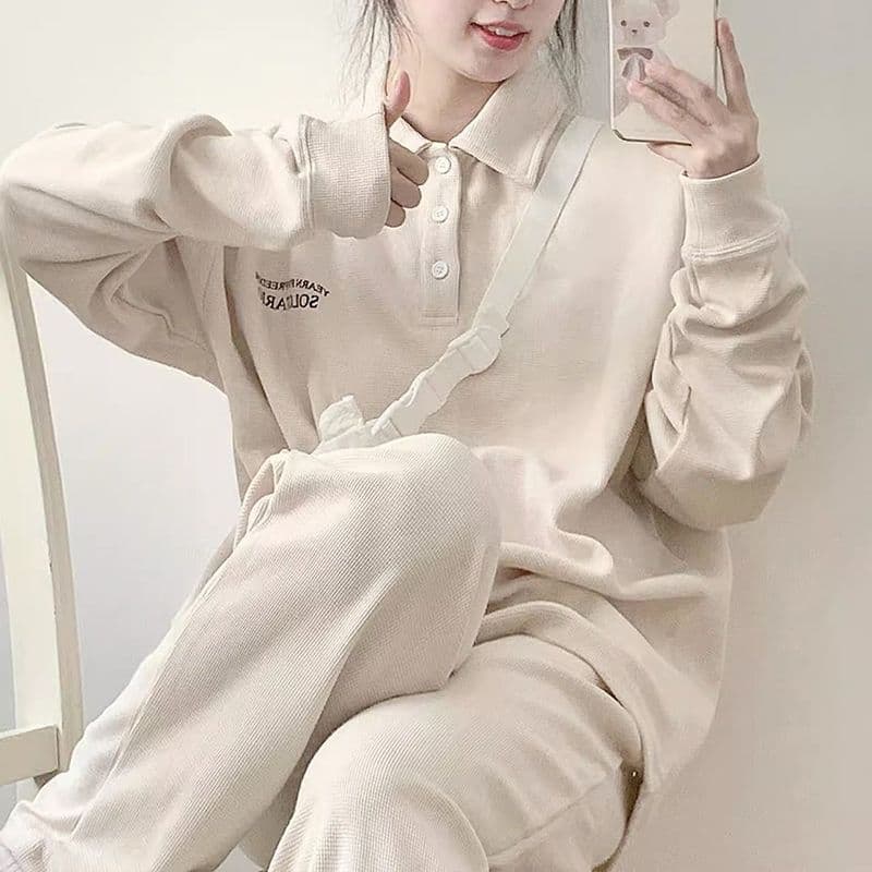소년 센스 운동복 세트 여성 봄 가을 소금 부서 튀김 거리 후아 남편 그리드 POLO 칼라 얇은 스타일 후드티 캐주얼 투피스 세트 이미지 4