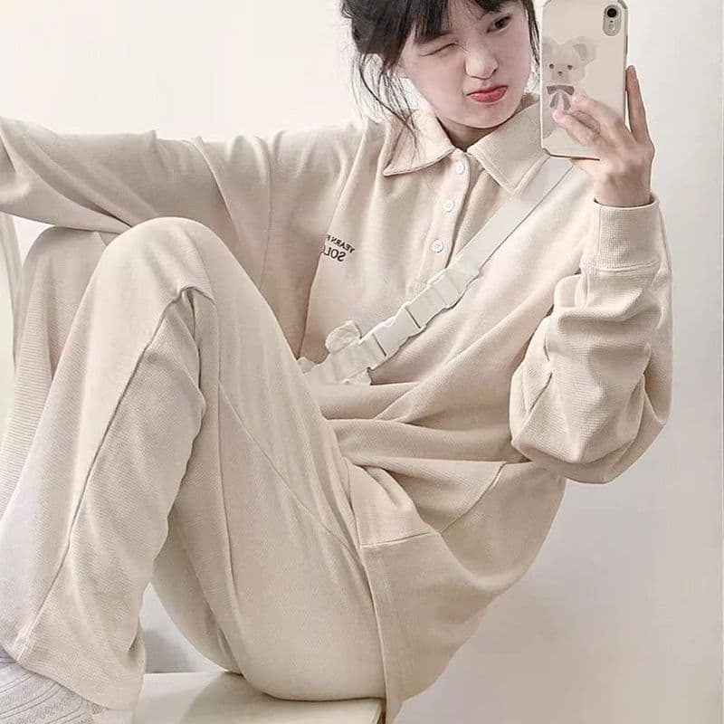 소년 센스 운동복 세트 여성 봄 가을 소금 부서 튀김 거리 후아 남편 그리드 POLO 칼라 얇은 스타일 후드티 캐주얼 투피스 세트 이미지 3