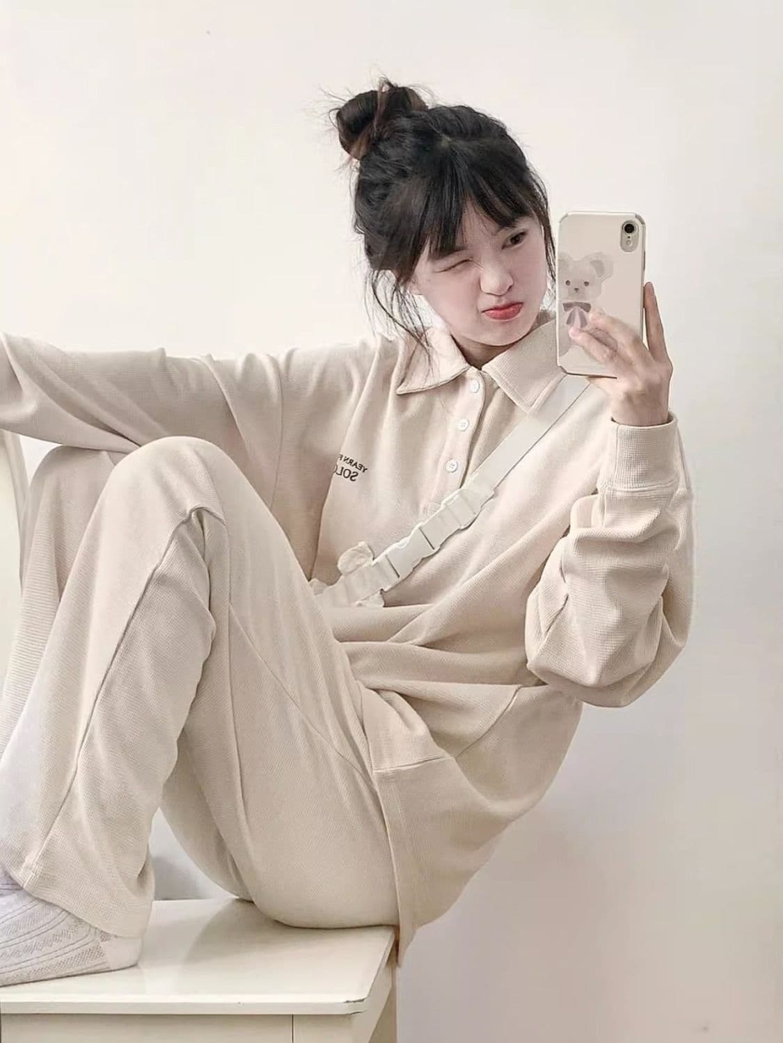 소년 센스 운동복 세트 여성 봄 가을 소금 부서 튀김 거리 후아 남편 그리드 POLO 칼라 얇은 스타일 후드티 캐주얼 투피스 세트 상세 이미지 3