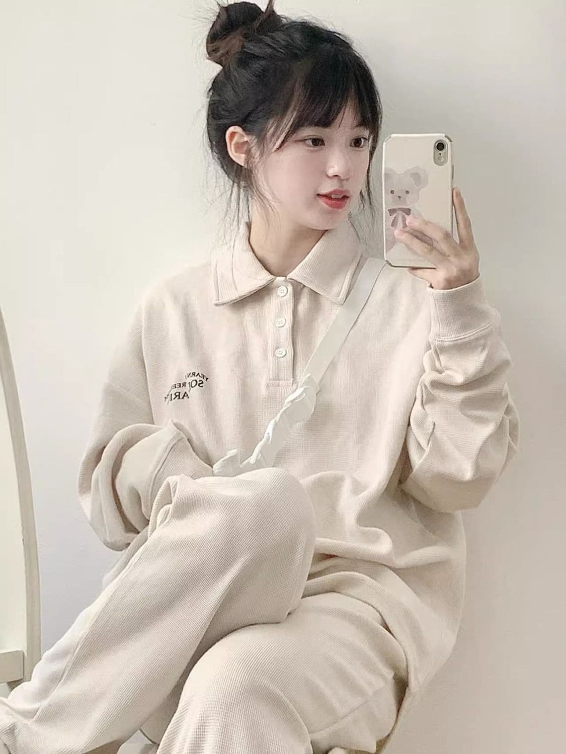 소년 센스 운동복 세트 여성 봄 가을 소금 부서 튀김 거리 후아 남편 그리드 POLO 칼라 얇은 스타일 후드티 캐주얼 투피스 세트 상세 이미지 5
