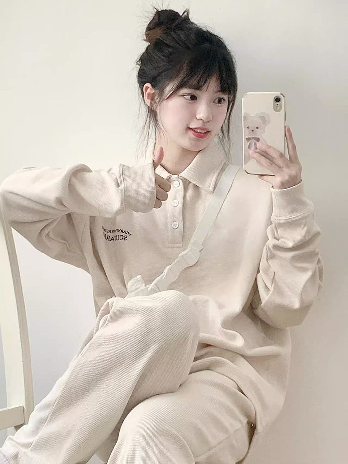 소년 센스 운동복 세트 여성 봄 가을 소금 부서 튀김 거리 후아 남편 그리드 POLO 칼라 얇은 스타일 후드티 캐주얼 투피스 세트 상세 이미지 6