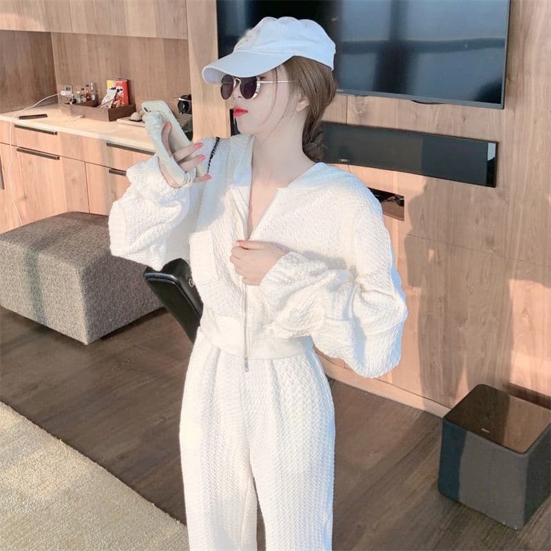 가을 새로운 2026 후드 티 스웨터 와이드 레그 팬츠 투피스 세트 한국 스타일 루즈핏 슬림해 보이는 캐주얼 패션 세트 여성 트렌디 상세 이미지 7