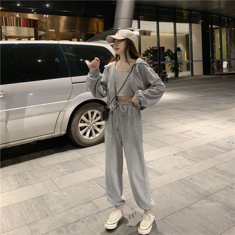 가을 의상 새로운 루즈핏 얇은 스타일 모자 포함 후드티 캐주얼 3종 세트 재킷 캐주얼 패션 운동복 세트 여성 상세 이미지 10