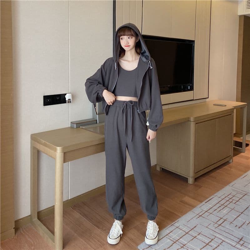 가을 의상 새로운 루즈핏 얇은 스타일 모자 포함 후드티 캐주얼 3종 세트 재킷 캐주얼 패션 운동복 세트 여성 상세 이미지 11