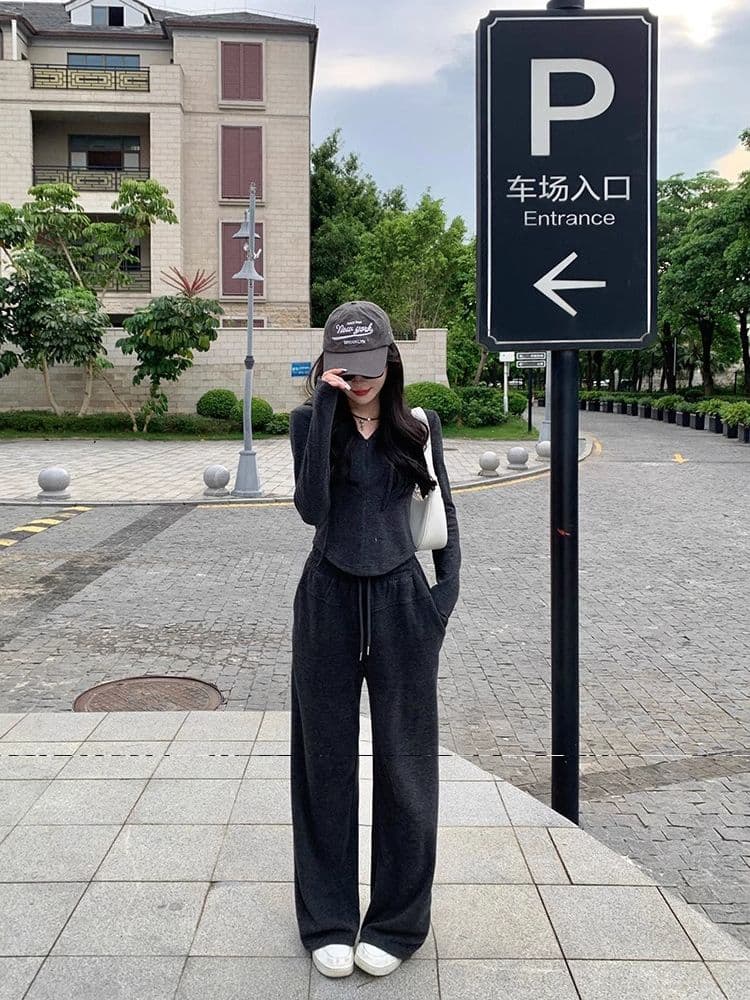 허리 수축 슬림해 보이는 패션 캐주얼 세트 여성 가을 겨울철 학생 한국 스타일 인터넷 유명인 몸매 가꾸기 와이드 레그 팬츠 운동 투피스 세트 상세 이미지 16