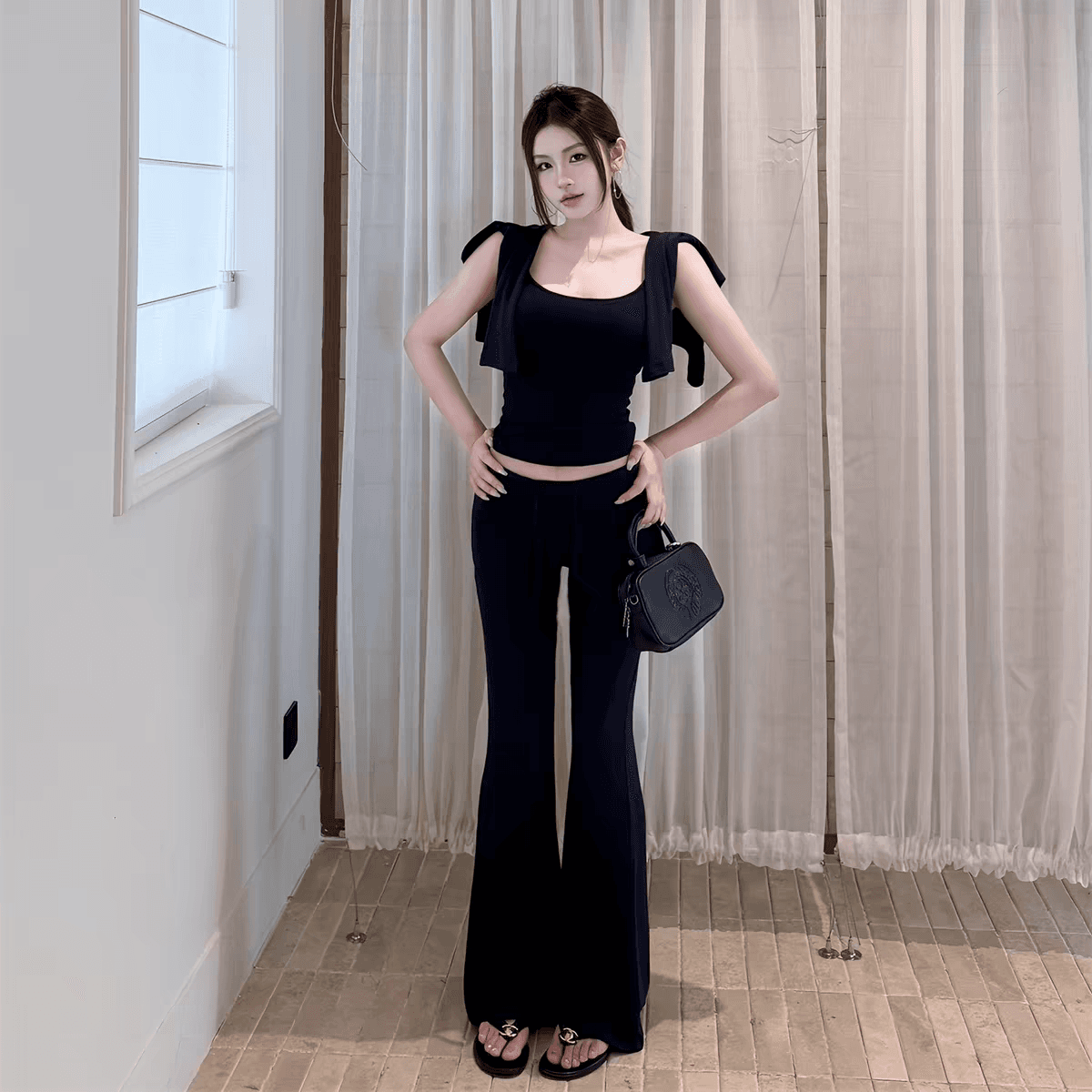 캐주얼 스포츠 슈트 쇼트 스타일 긴팔 오픈 가디건 인사이드 가져 가라. 슬립 여성 봄 가을 펌프 로프 부츠컷 바지 회색 3종 세트 이미지 3